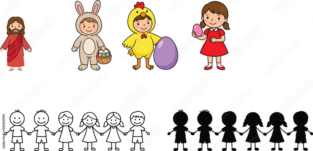 Naklejka premium Cartoon Easter character collection with bunny chick children silhouettes and festive holiday illustrations