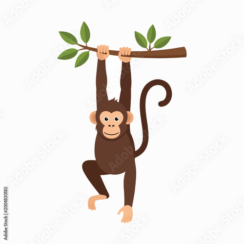 Brown monkey hanging from branch.