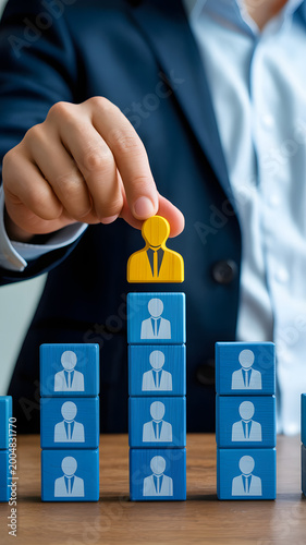 Business Leader Placing Employee Icon On Top Of Team Structure Human Resource Management And Leadership Concept