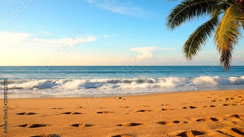 Serene Tropical Beach with Palm Tree, Gentle Waves, and Golden Sand, Slow Motion Footage, Representing Relaxation and Tranquility