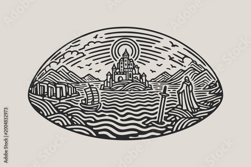 Foto Camelot Mythology Castle Line Art Illustration
