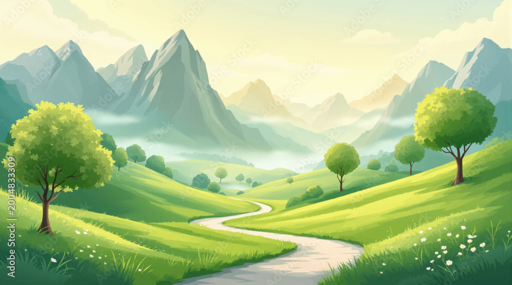 Obraz premium Soft mountain valley for meditation poster design. White winding road for calm wellness branding. Gentle green landscape for peaceful travel ads