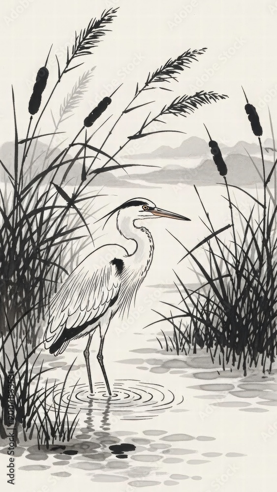 Fototapeta premium Crane in the wetland: A serene illustration of a crane in its natural habitat, standing gracefully in shallow water, surrounded by reeds and cattails, with the backdrop of a distant landscape.