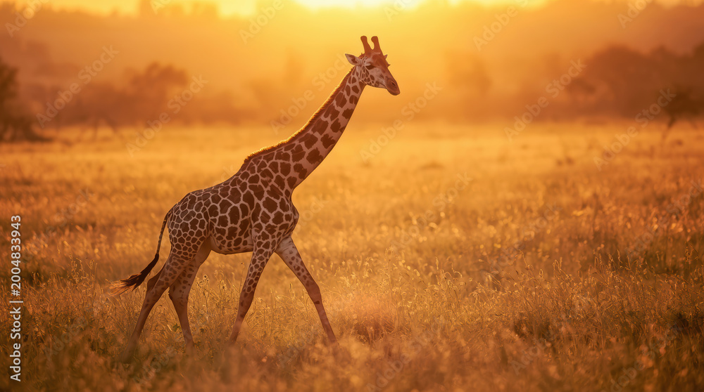 Obraz premium Young giraffe walking in golden grassland at sunset, warm serene wildlife moment