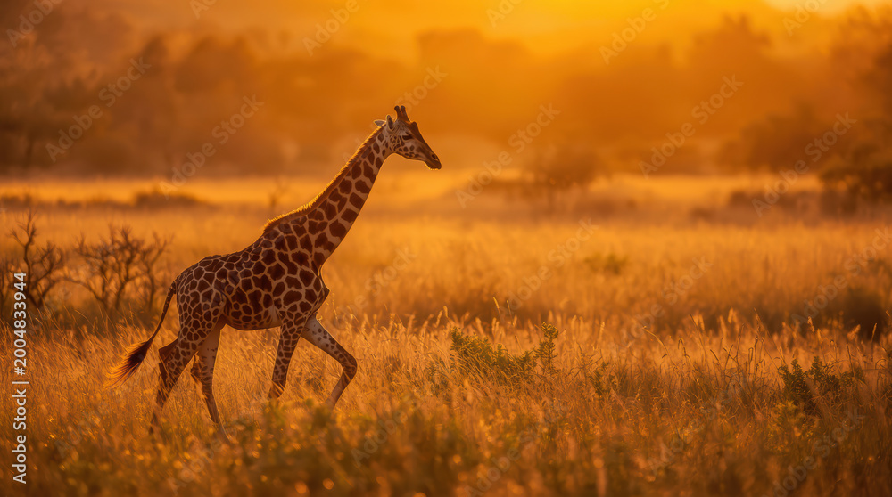 Obraz premium Young giraffe walking through golden grassland at sunset with warm light