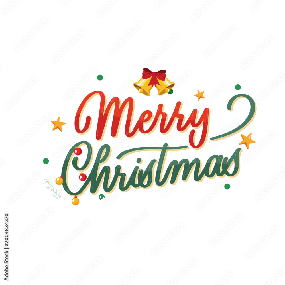 Fototapeta premium Merry Christmas typography design with festive bells and stars as a isolated vector graphic cutout