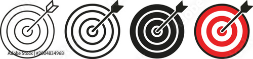Target aim bullseye icon set with arrow hitting center in outline solid and colored styles