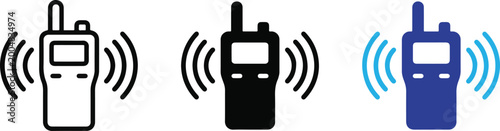 Walkie talkie radio communication icon set in outline solid and colored styles with signal waves