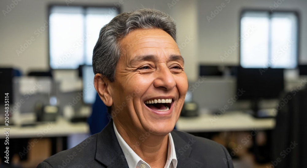 Obraz premium Happy Middle Aged Hispanic Businessman Laughing in Modern Office Workplace