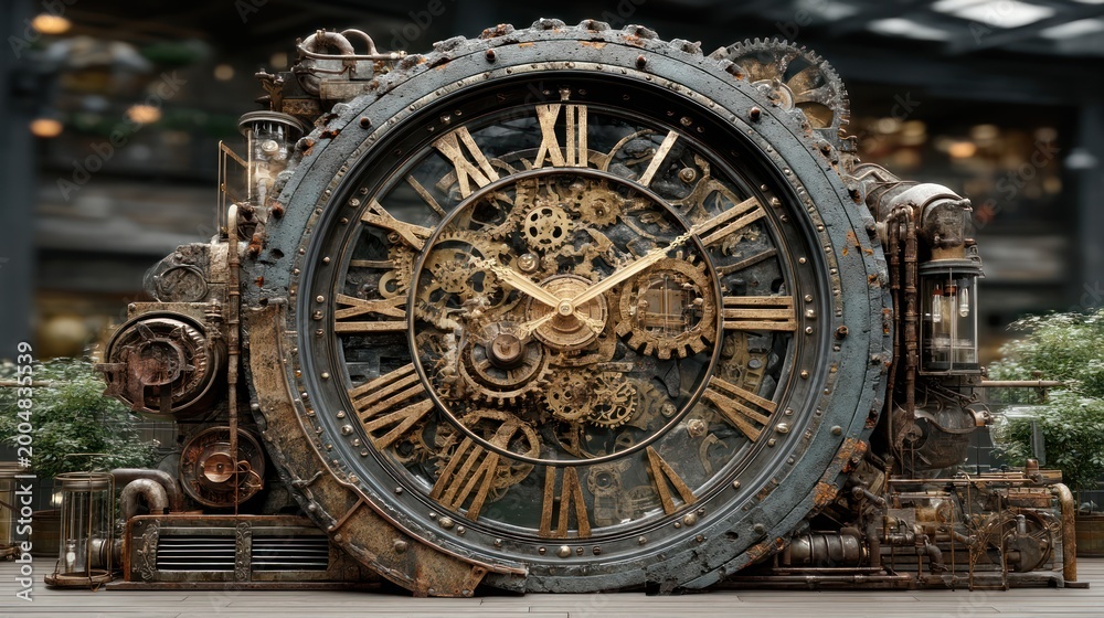 Fototapeta premium Large, ornate clock with visible gears, Roman numerals, and aged metallic appearance