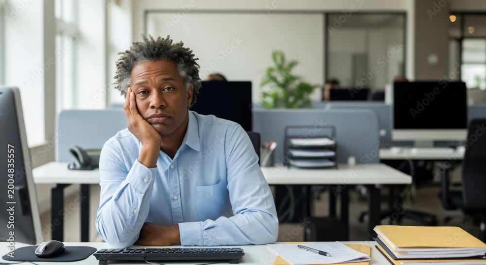 Obraz premium Bored Middle Aged African American Man Sitting at Office Desk Feeling Tired and Unmotivated