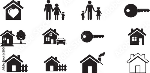Bild auf Leinwand Black silhouette house family and key icons on white background