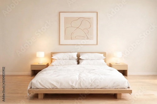 Minimalist bedroom with warm wooden tones and soft lighting.