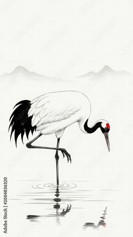Obraz premium Crane Serenity: a solitary crane, captured in a moment of poised stillness, embodies peace and tranquility, gracefully standing in a calm body of water against a backdrop of distant mountains.