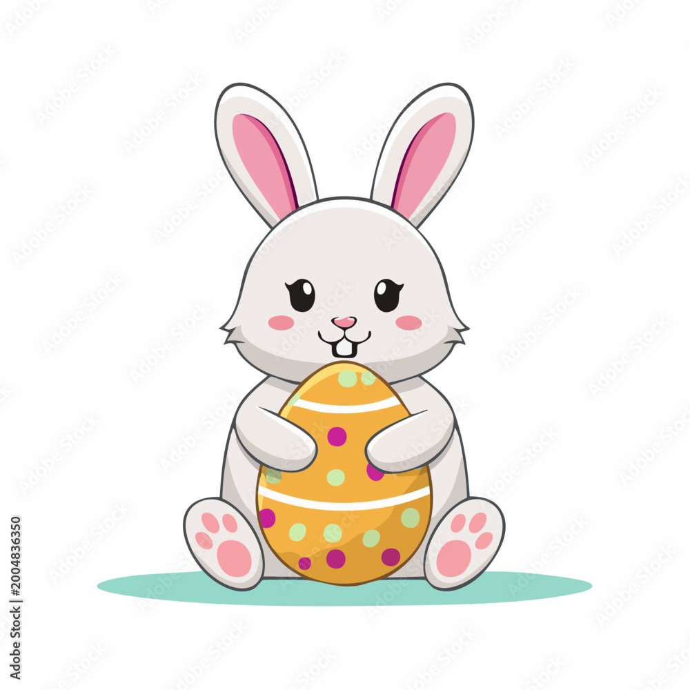 Fototapeta premium Cute cartoon bunny holding a decorated Easter egg