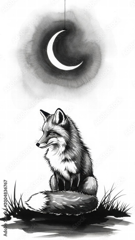 Obraz premium Midnight Contemplation: A solitary fox, gazing towards a luminous crescent moon, exudes a sense of introspection and nocturnal mystery.