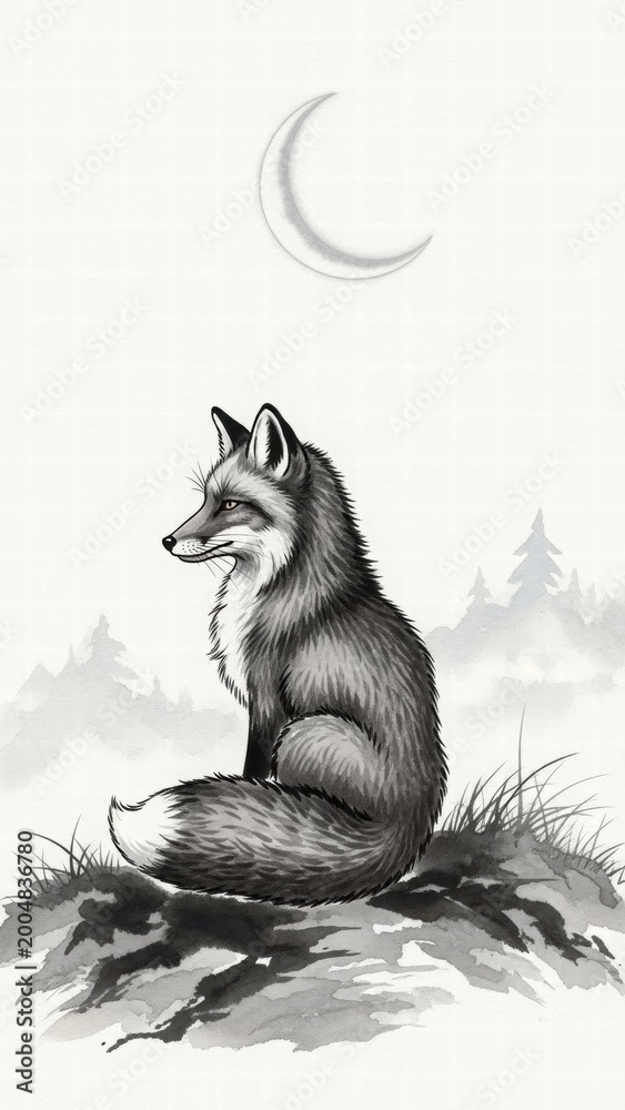 Fototapeta premium Enigmatic Fox under the Moonlight: An elegant fox sits pensively beneath a crescent moon in a serene, subtly shaded forest. A scene of mystical allure.