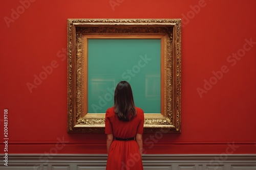 The girl in the red dress stands in front of a red museum wall with a square golden baroque frame, looking up. In the frame there is only a bright green color