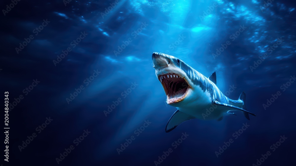 Obraz premium Dynamic underwater shot of a powerful great white shark with menacing open jaws