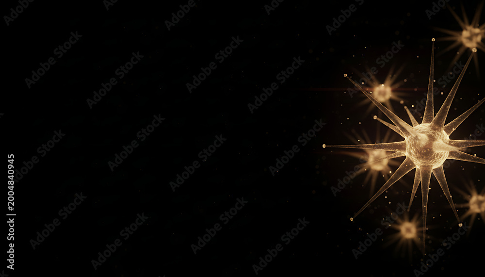 Fototapeta premium Dynamic golden particles forming an enigmatic cluster, symbolizing complex scientific or technological systems