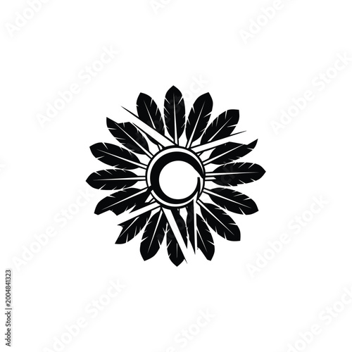 Tribal Feather Circle Mandala Design - Black and White Ethnic Sun Symbol with Feathers
