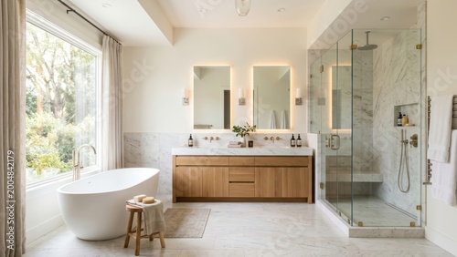 Inviting modern spa bathroom with elegant marble, wooden vanity, freestanding tub, and natural light.