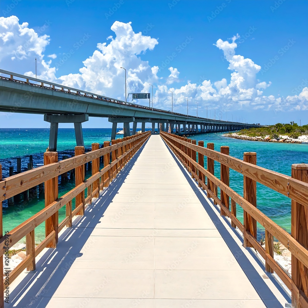 Obraz premium A serene pathway leads to a distant bridge over turquoise waters