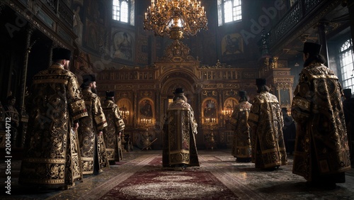 orthodox clergy in ornate church during ceremony