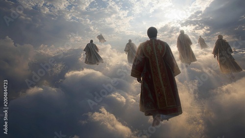 priests ascending into heavenly clouds