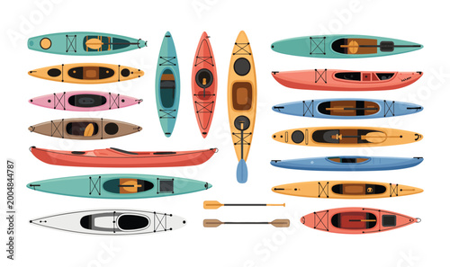Фотография Kayak collection illustration set, colorful boats top view, paddles equipment, w