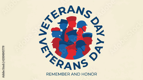 Fotografie Patriotic Veterans Day illustration featuring red and blue silhouettes of military service members with the text remember and honor