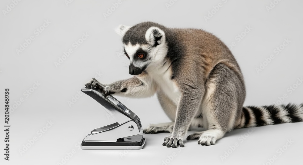 Fototapeta premium A ring-tailed lemur intently using a silver hole punch on a clean, light-colored surface