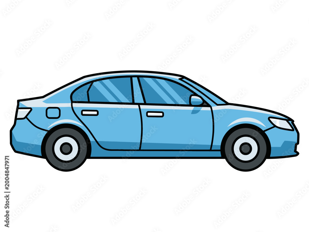 Fototapeta premium Blue Sedan Car Side View Illustration.
