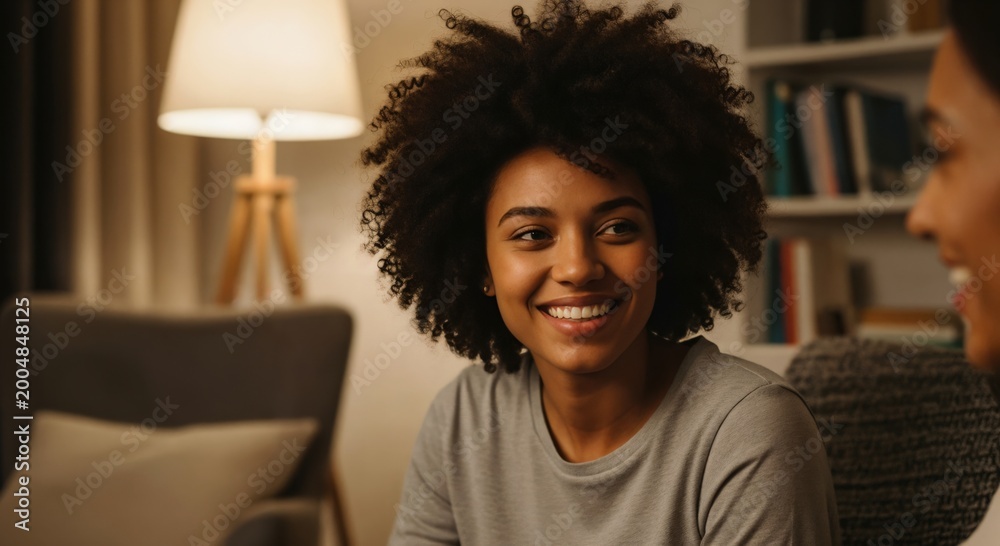 Fototapeta premium Young Black Woman Smiling During Meaningful Conversation in Cozy Living Room at Night