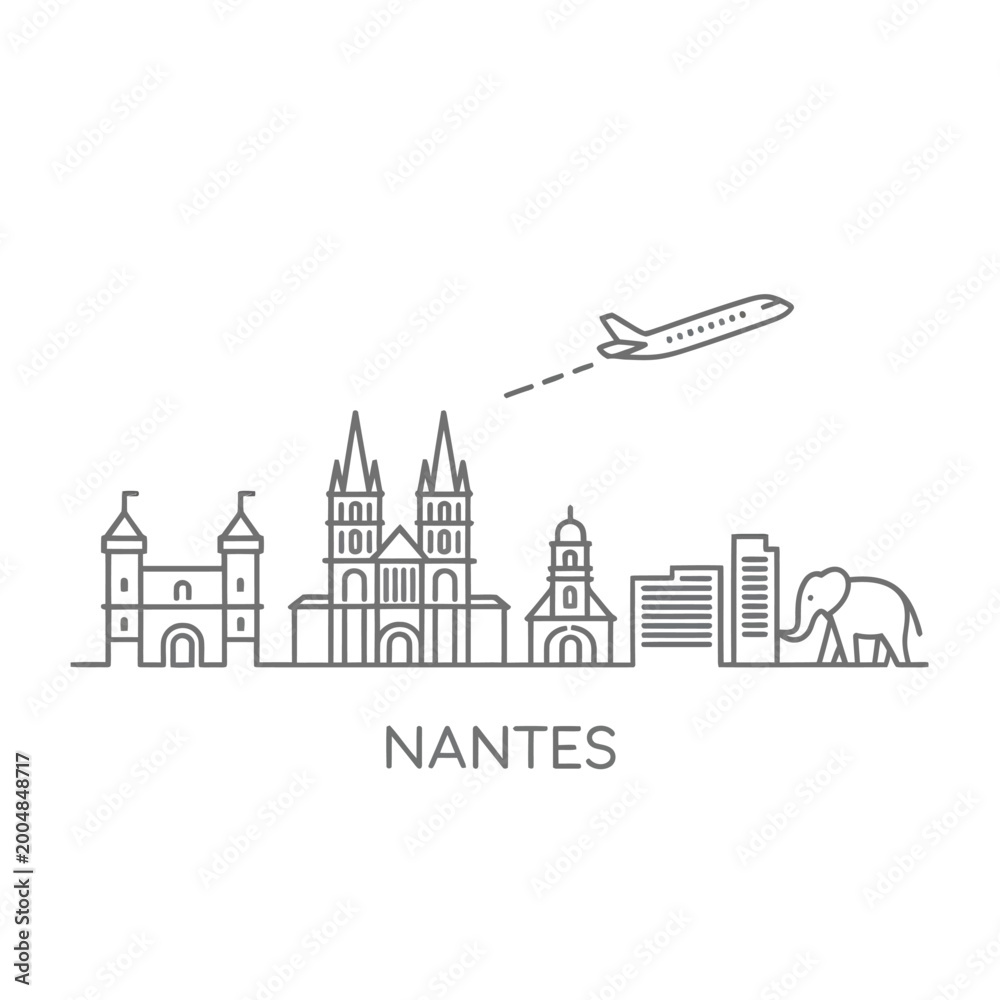 Obraz premium Nantes Skyline Illustration Minimalist Line Art with Airplane and Elephant