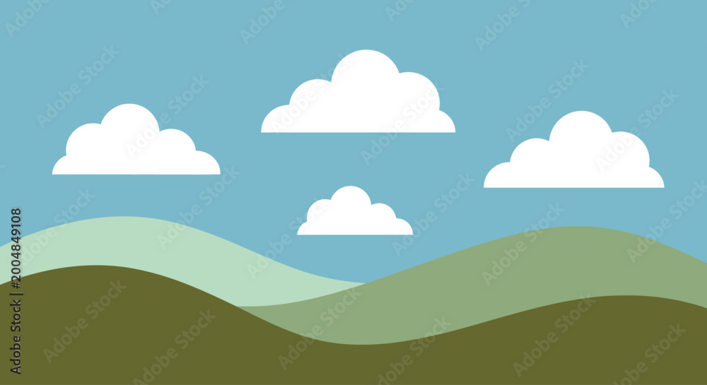 Fototapeta premium Landscape scene with hills and clouds in the sky on a sunny day outside