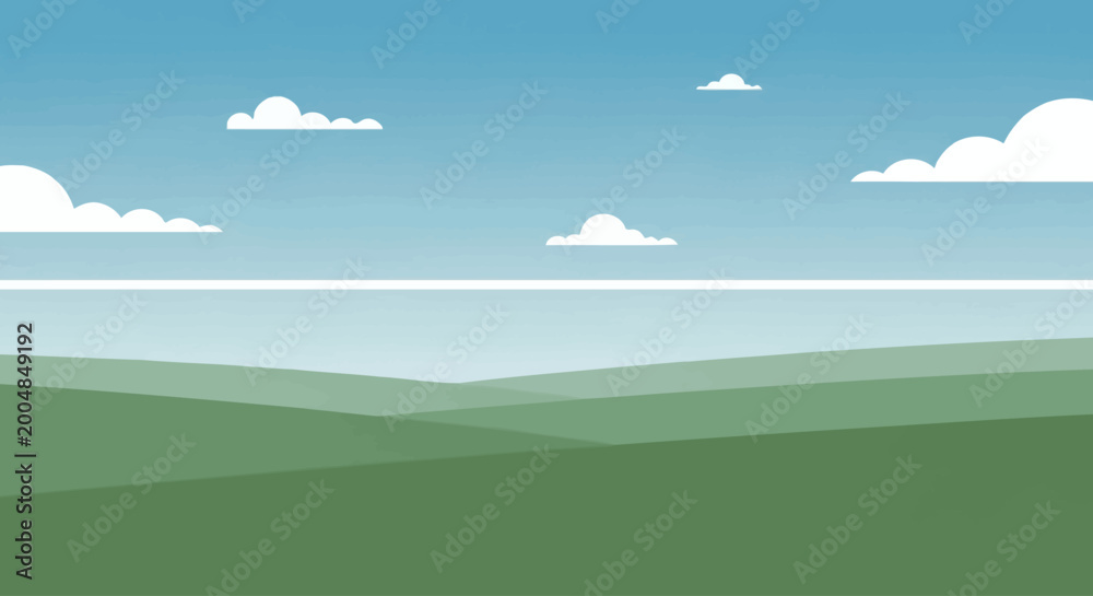 Fototapeta premium A serene landscape of rolling hills under a clear sky with fluffy clouds.