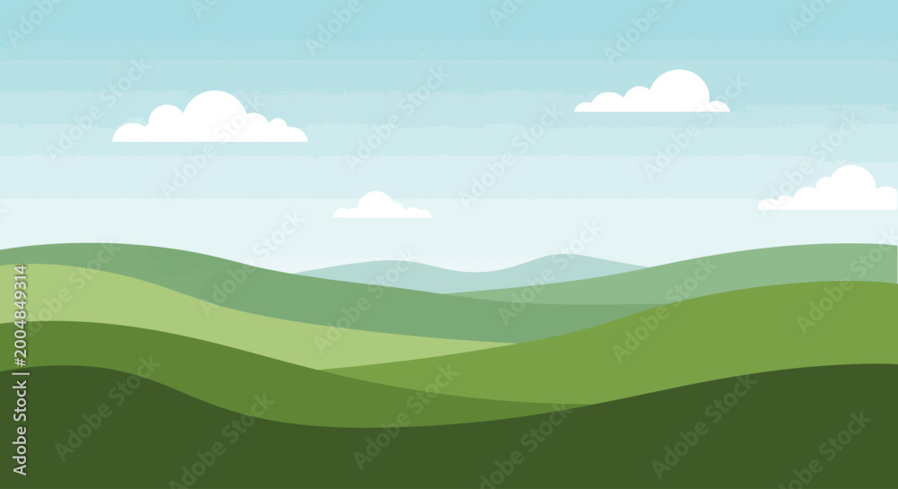 Fototapeta premium Rolling green hills stretch far under blue sky with clouds landscape
