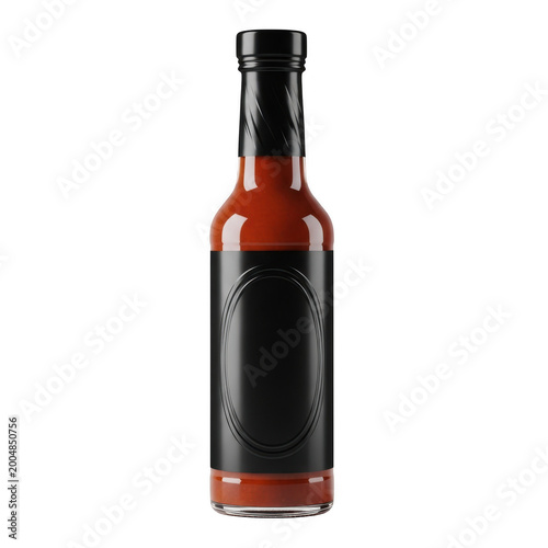 Glass bottle of hot sauce with black lid and label isolated on transparent background