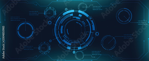 Futuristic HUD interface with circular tech elements and digital dashboard background