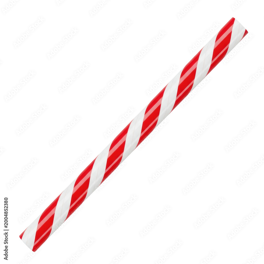 Obraz premium Ultra photorealistic close-up of a single glossy drinking straw with vibrant red and white candy cane stripes, sharp focus on a transparent background. Concept for holiday advertising