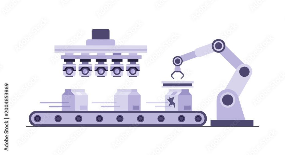 Fototapeta premium Automated production line with robotic arm and conveyor belt in a factory
