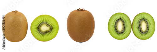 Whole and sliced kiwi fruit isolated on transparent background, showing vibrant green flesh and brown skin