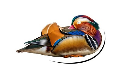 A resting mandarin duck showcasing its vibrant, colorful plumage isolated on a white background