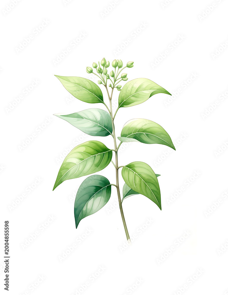Obraz premium Green Leafy Stem Watercolor Botanical Illustration