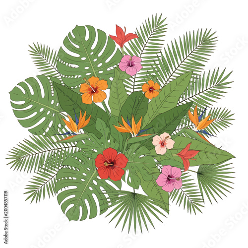 Bild auf Leinwand Tropical flowers and leaves arrangement.