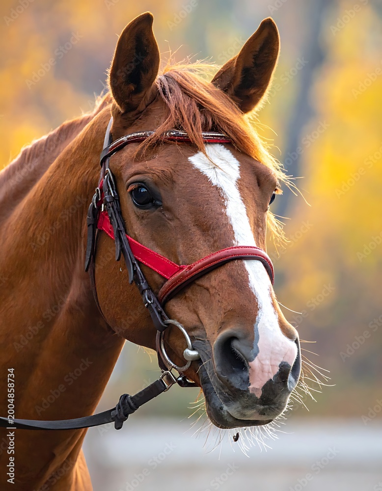 Fototapeta premium A brown horse with a white stripe on its forehead