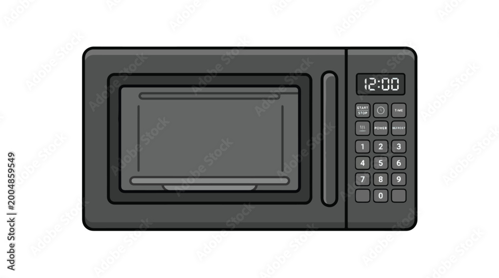 Fototapeta premium A realistic flat 2D vector illustration of a modern dark gray kitchen microwave oven with a digital clock and control panel, isolated on a white background