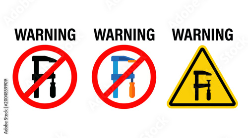 Free Download Explicit graphic warnings and cautionary symbols indicating the prohibited use or potential dangers associated with workshop clamps and secure gripping tools - GFXLoad