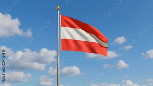 The Austria flag flies against a bright blue sky.